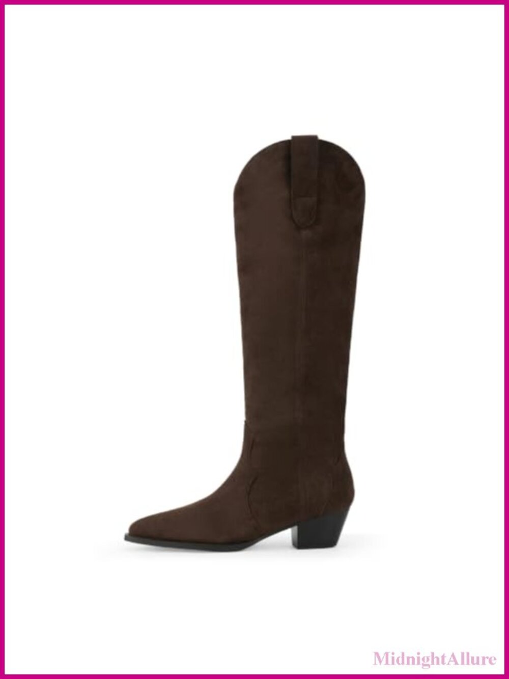 Suede Cowboy Boots Knee High Pointed Toe Chunky Heel Pull-On Wide Calf